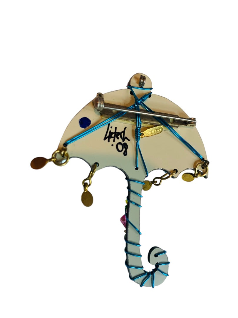 Signed Liztech Jewelry April Showers Brooch Pin 2008 Umbrella 2.5" with Tag