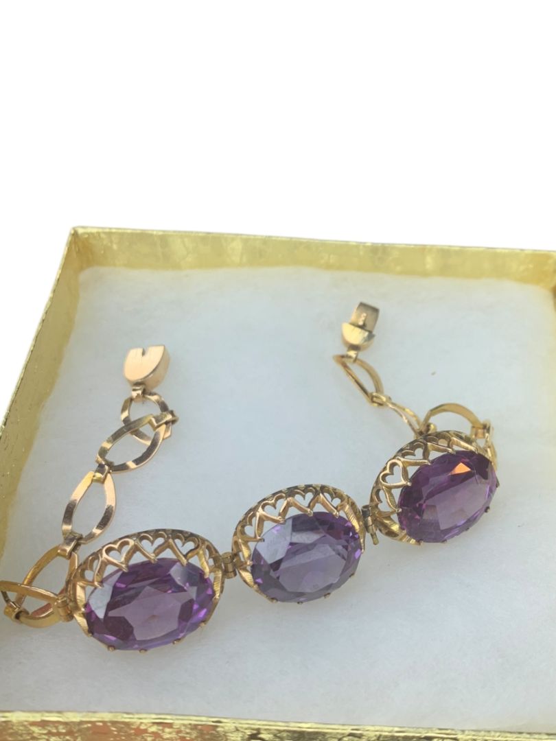 14k Yellow Gold Synthetic Amethyst Bracelet Vintage Jewelry Heart Filigree Setting 7.5"
