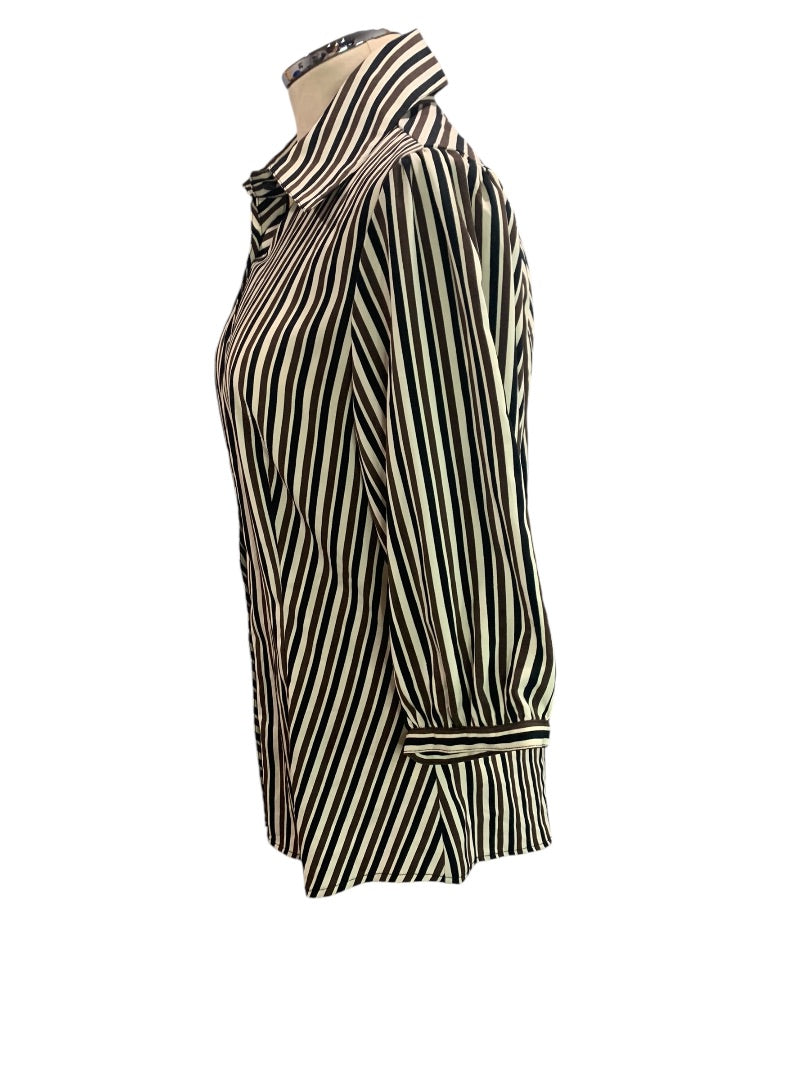 Large Ninety Womens Brown Black Striped Half Sleeve Button Up Blouse