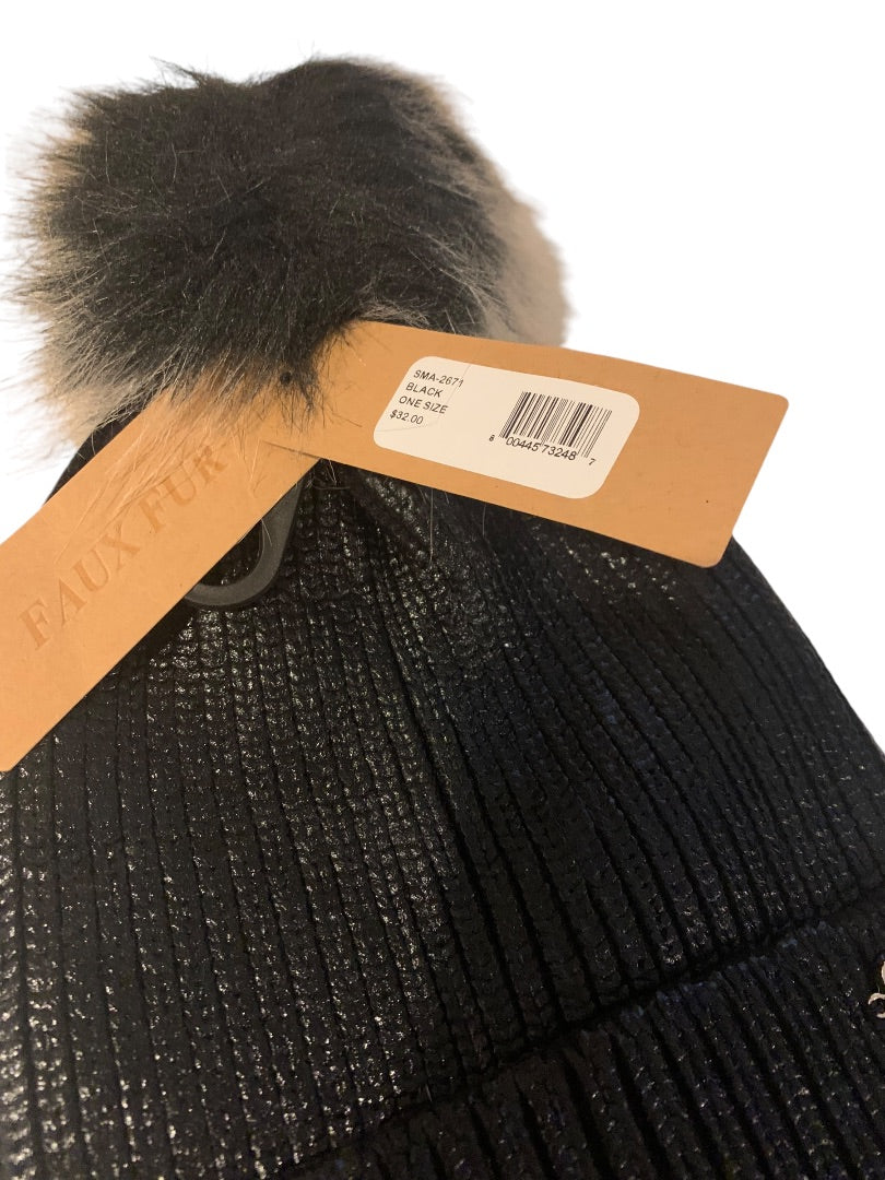 Steve Madden Foiled Beanie Faux Fur Womens New Hat Black Pom Pom