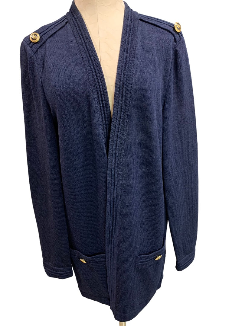 Large St John Basics Santana Knit 1980s Cardigan Sweater Navy Blue Goldtone Buttons