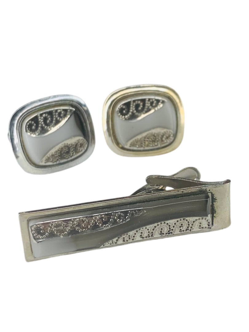 Mens Tie Clip and Pair Cufflinks Set Vintage 1960s Silvertone Gray Stone