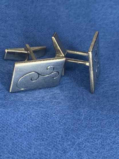 Vintage 1960s Pair Silvertone Cufflinks Swirl Design Bullet Back Rectangular
