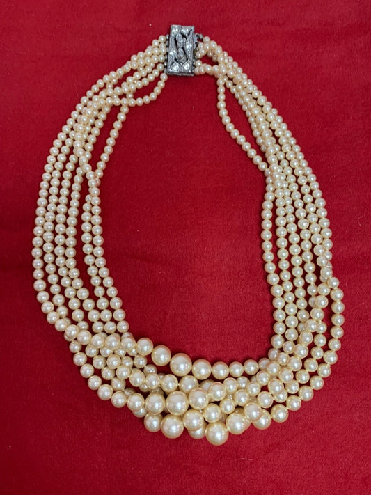 Vintage Graduated Faux Pearl Necklace Champagne Ornate Rhinestone Clasp 16.5"