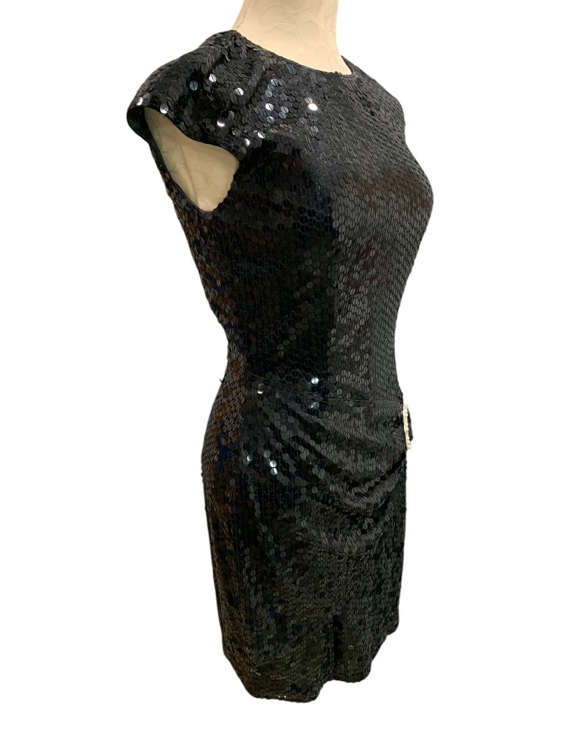 Size 6 Nite Line Vintage 1990s Black Sequin Dress Sheath Waist Drape