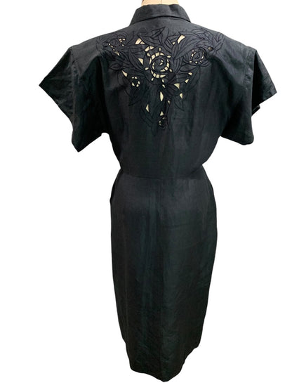 Size 10 Axiom Vintage 1990s Silk Blend Black Eyelet Dress Pockets