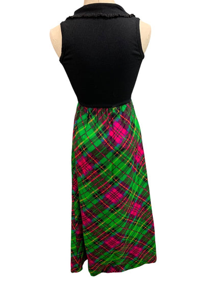 Small 1960s Vintage Bright Plaid Maxi Dress Button Up Sleeveless