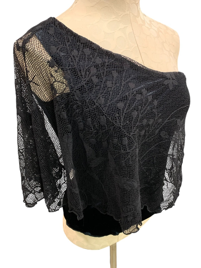 Medium Arden B Womens Black One Shoulder Top Velour Lace Overlay