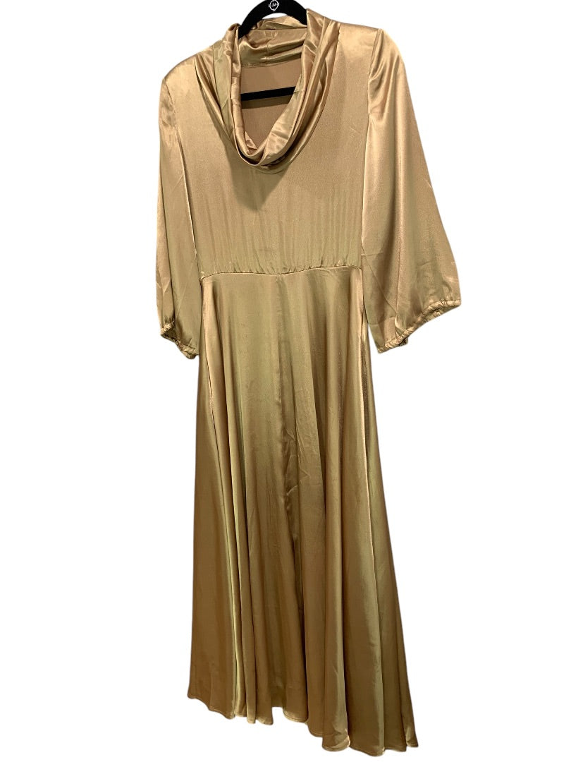 Medium Vintage 1970s Draped Gold Silky Gown Handmade Cowl Neck Dress Flawed