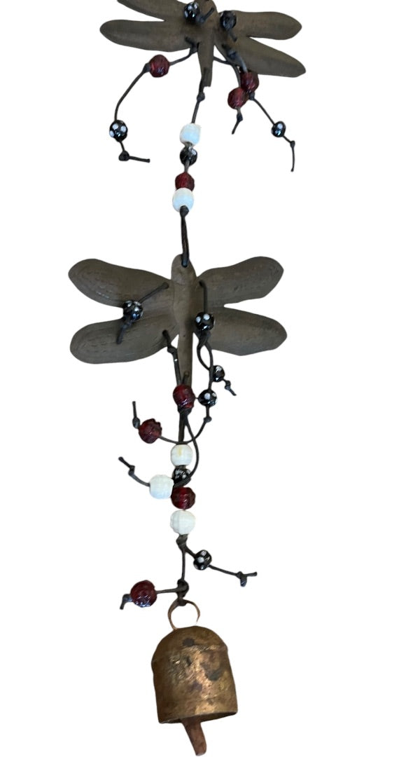 Rustic 30" Metal Dragonfly Bell Glass Beads 4.5 Inch Wingspan