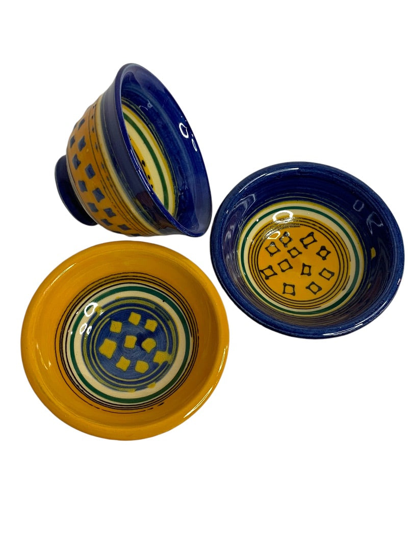 Small Signed Art Pottery MCF Yellow Blue Set of 3 Bowls