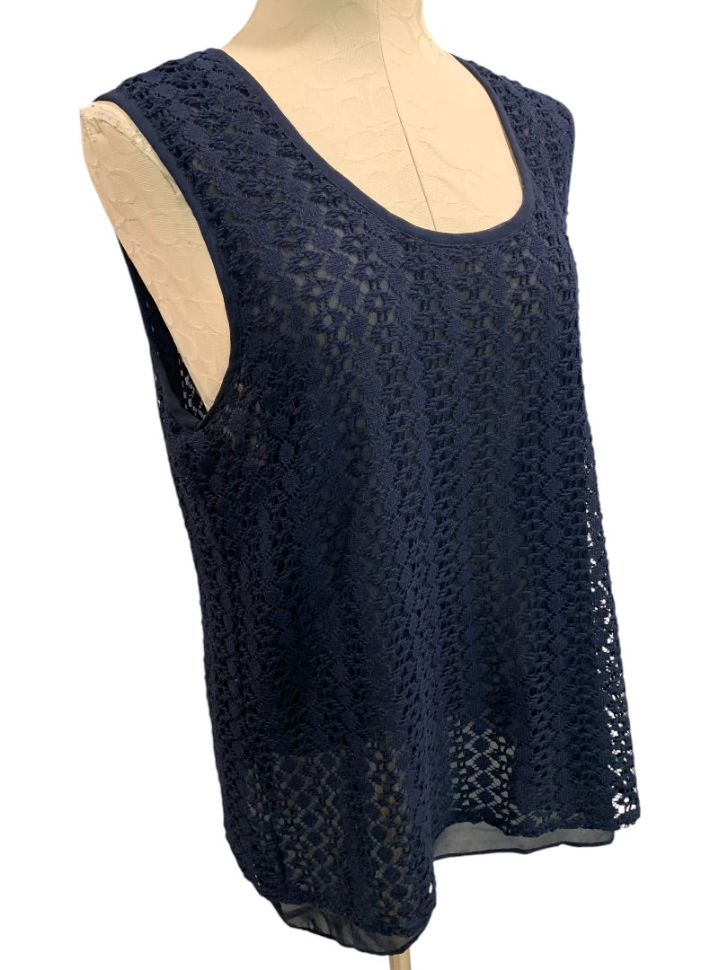 XL Chaus New York Womens Navy Blue Lace Overlay Shirt Sleeveless Tank