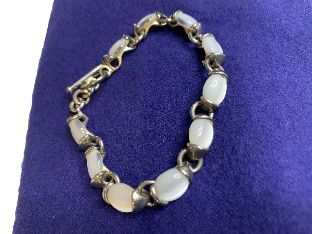 Silvertone and White Stone Bracelet Toggle Clasp 7.5 Inch