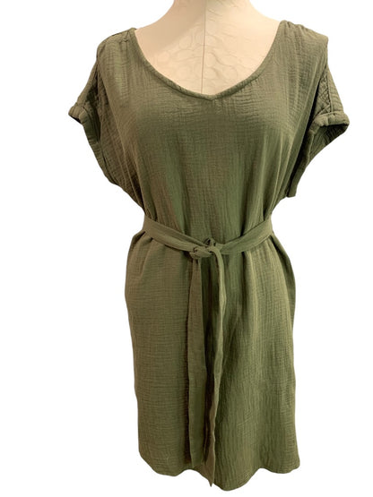 XL Sonoma Olive Green Shift Dress Belt Cotton Gauze