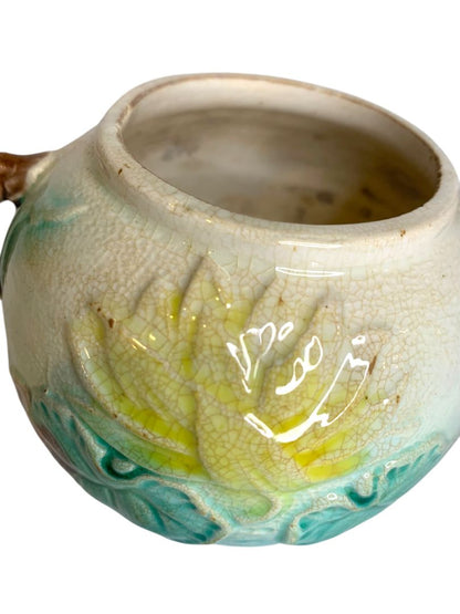 English Majolica Sugar Bowl Pond Lily and Rope Antique