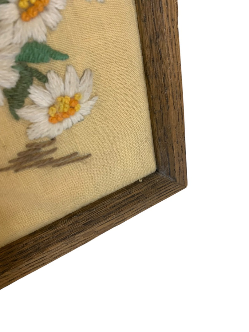 Vintage 1970s Crewel Embroidery Daisy Basket Framed Picture 17.5x13.5 Inches