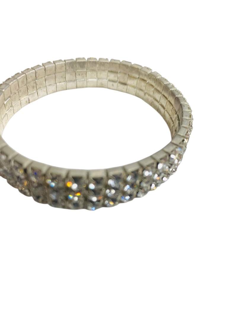 Vintage Rhinestone 3 Row Stretch Bracelet Silvertone Setting