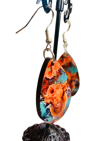 Highland Cow Floral Hook Pierced Earrings Lightweight Double Sided 2.4" Drop