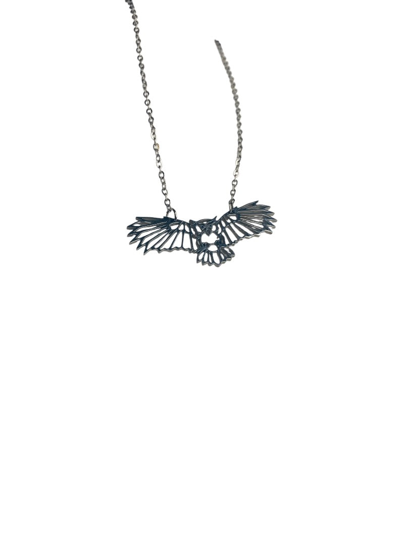 Silvertone Flying Owl Pendant Lasercut 18 Inch