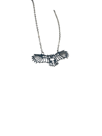 Silvertone Flying Owl Pendant Lasercut 18 Inch