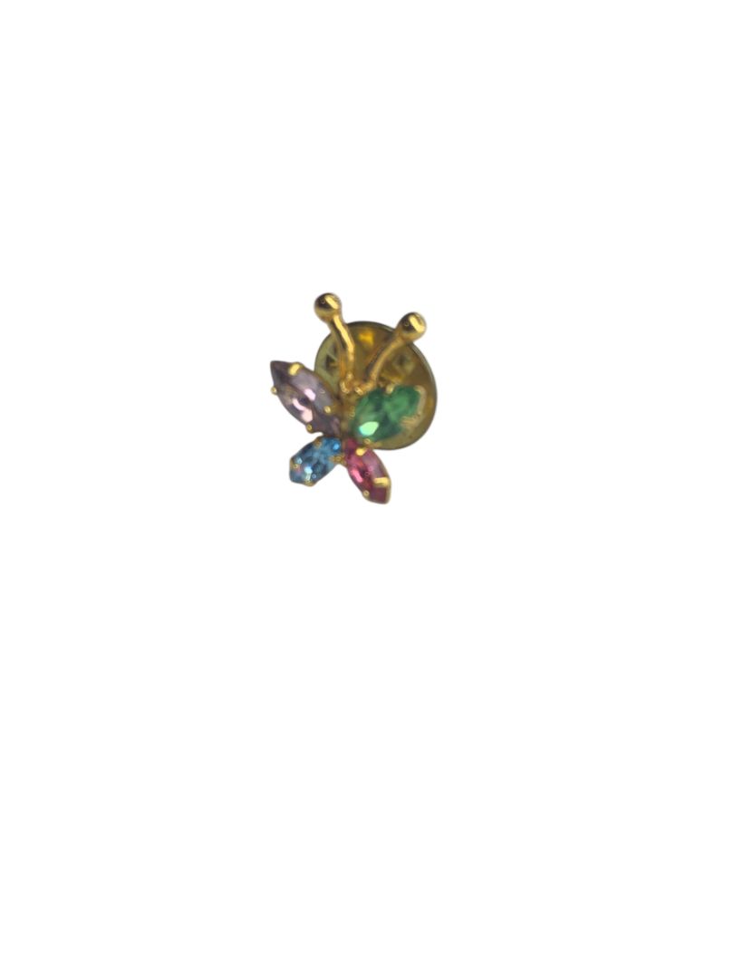Petite Multicolor Crystal Butterfly Lapel Pin Goldtone .6 Inch