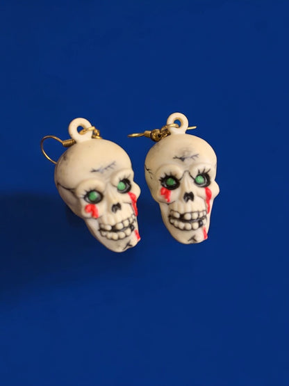 Vintage Russ Skeleton Skull Hook Pierced Earrings 2 Inch Drop Dangle