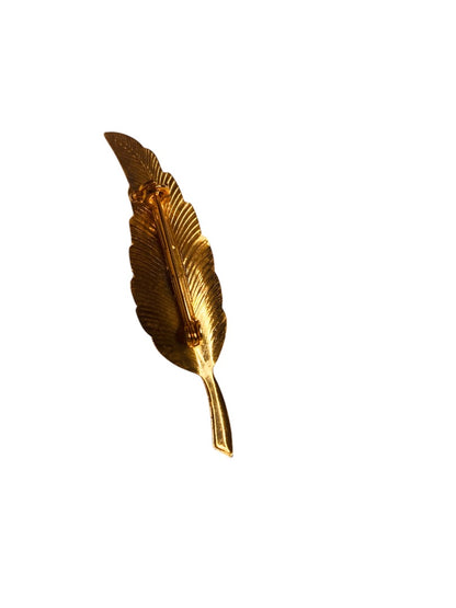 Goldtone Feather Textured Brooch Pin Vintage 2.25 Inch