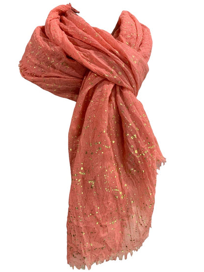 Natasha Lightweight Scarf Salmon Gold Speckles Raw Edge 33 x 84 Inches