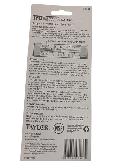Taylor Refrigerator Freezer Thermometer Analog 3503-21 Stick Clip Hang