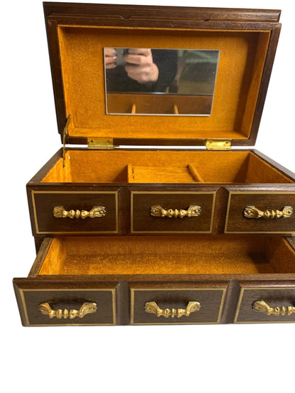 Vintage Refreshed Wood Goldtone Musical Jewelry Box Mirror