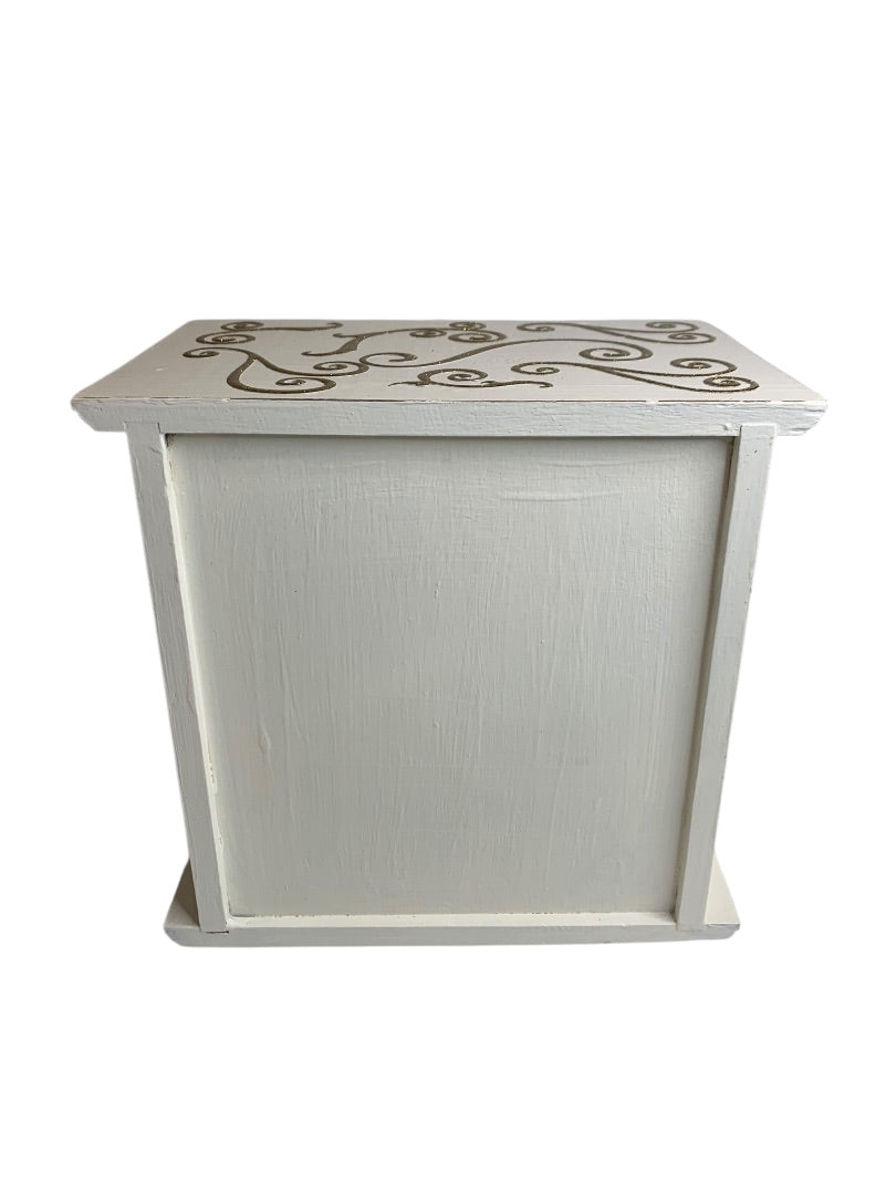 Shabby Chic White Goldtone Distressed Tabletop Jewelry Box 8"l x 7.5"h