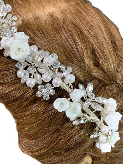 Silvertone and White Floral Girls Headband First Communion Formal Crystal