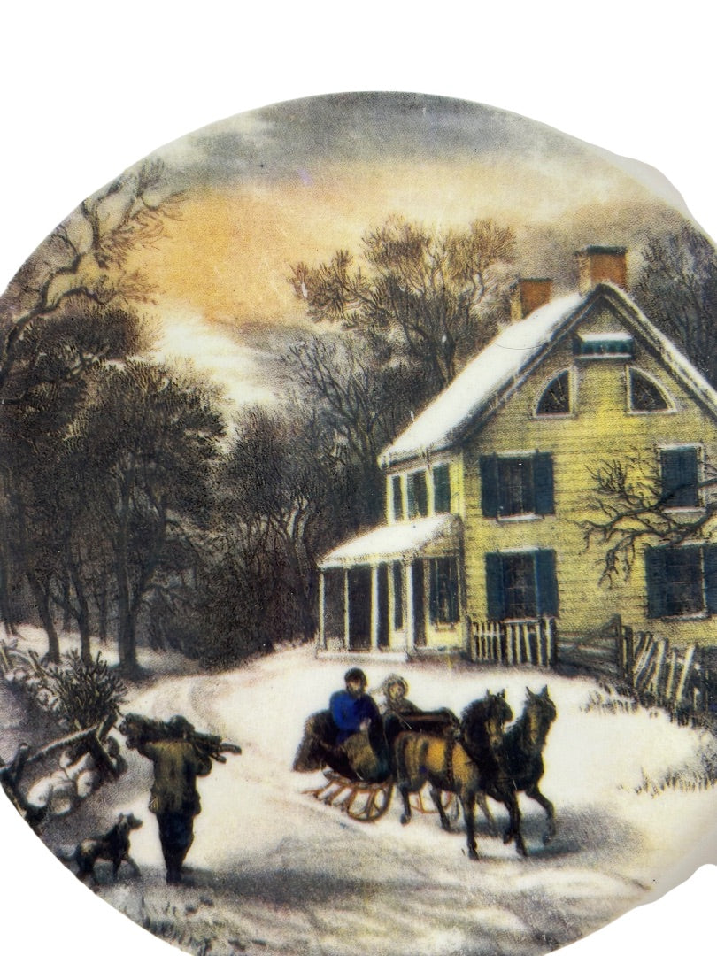 Currier and Ives 2001 Decorative 8 Inch Plate Winter Farm Barn Scene