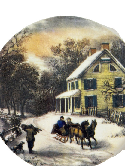 Currier and Ives 2001 Decorative 8 Inch Plate Winter Farm Barn Scene