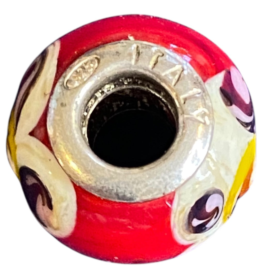 Glass and Sterling Silver 925 Millefiori Charm Bead Red Made in Italy