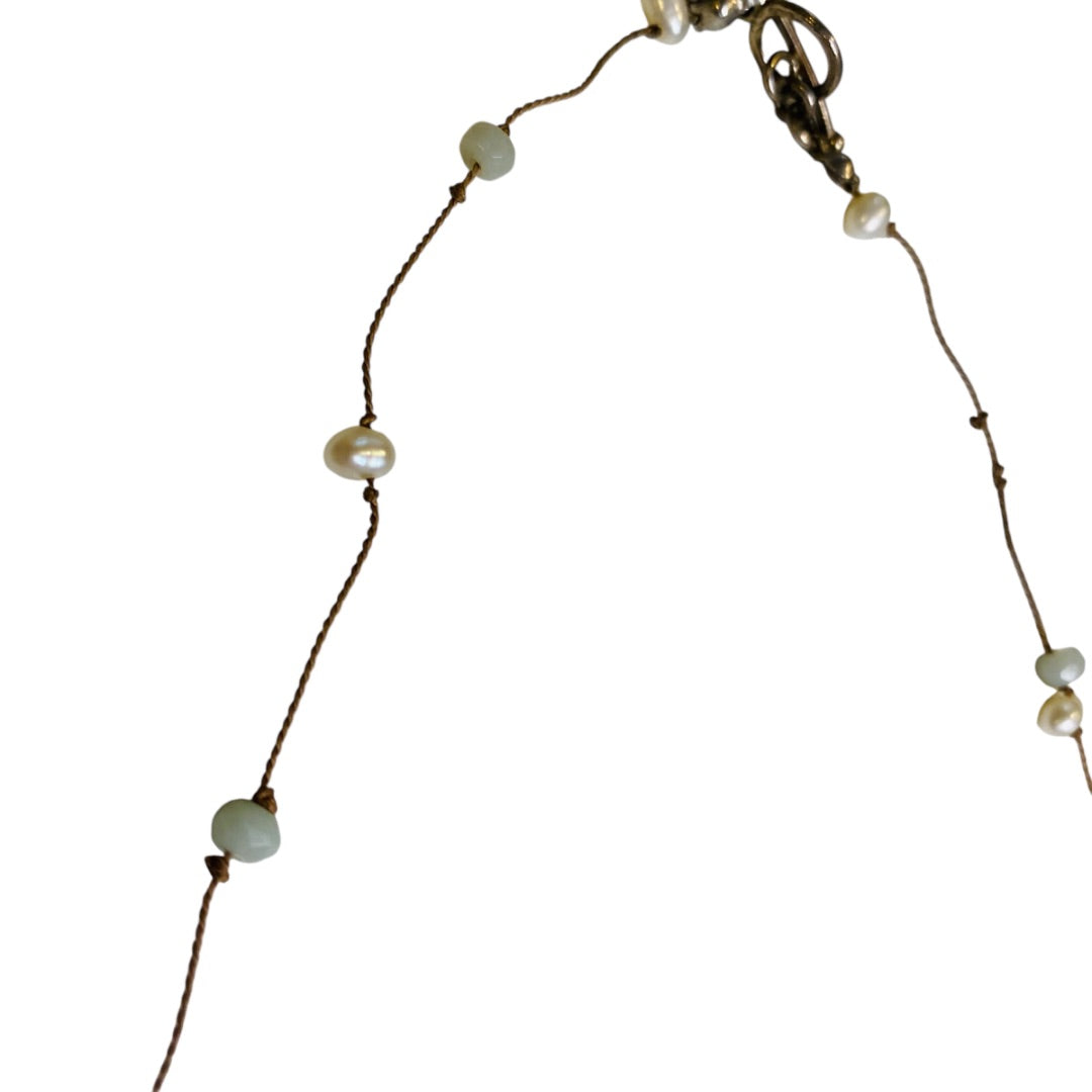 Silvertone Heart Pendant Necklace Delicate Aqua and Pearl Beads 18.5 Inch