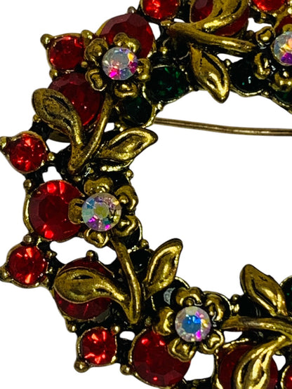 Brooch Pin Goldtone Wreath Red Crystals 1.75 Inch Diameter
