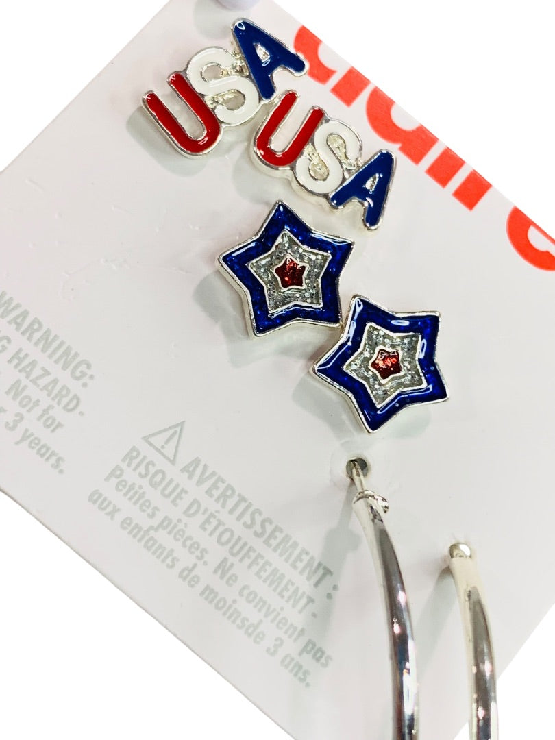 Claires New Set of 3 Pierced USA Patriotic Silvertone Earrings
