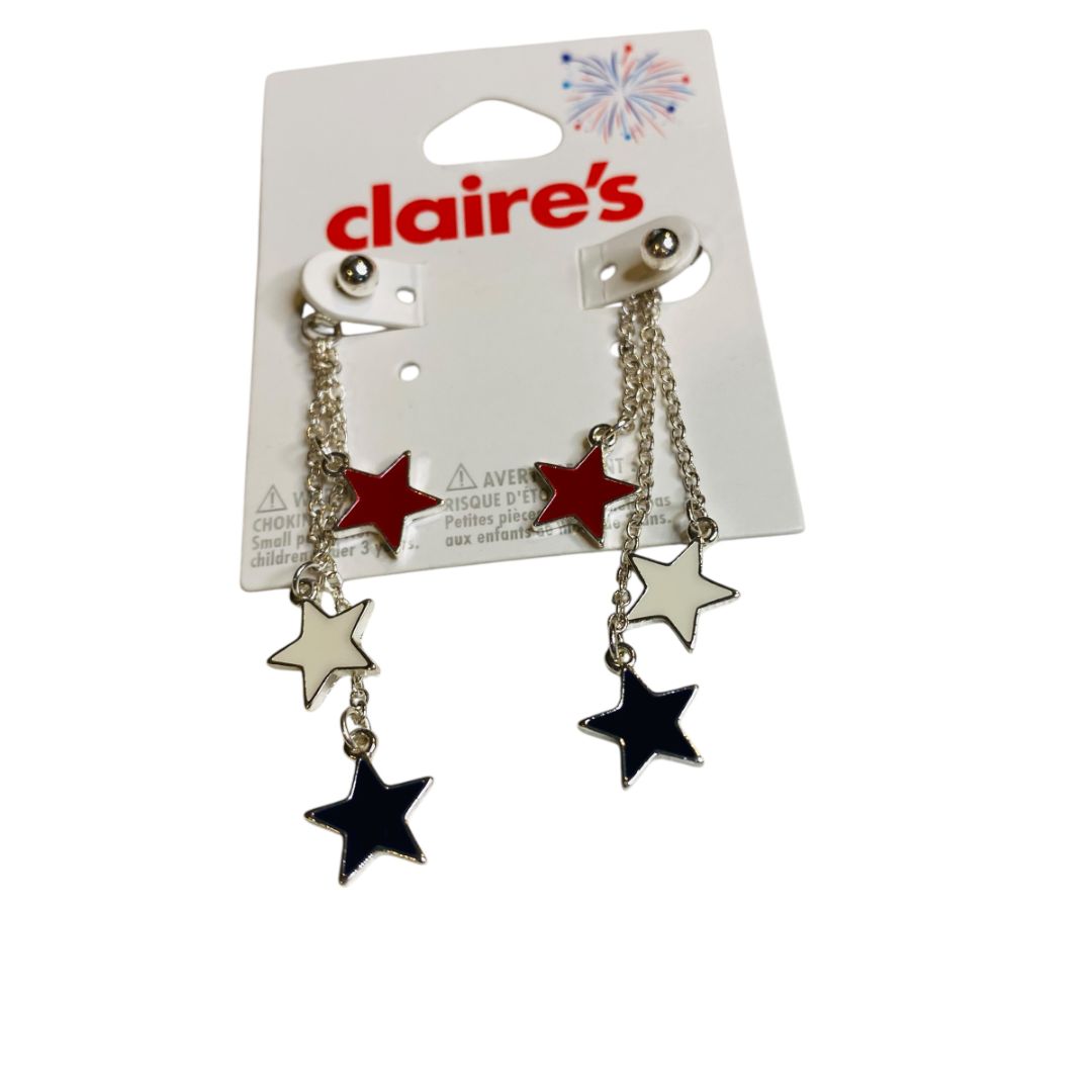 Claires New Post Pierced Earrings Silvertone Stars Patriotic USA 2.5 Inch Drop