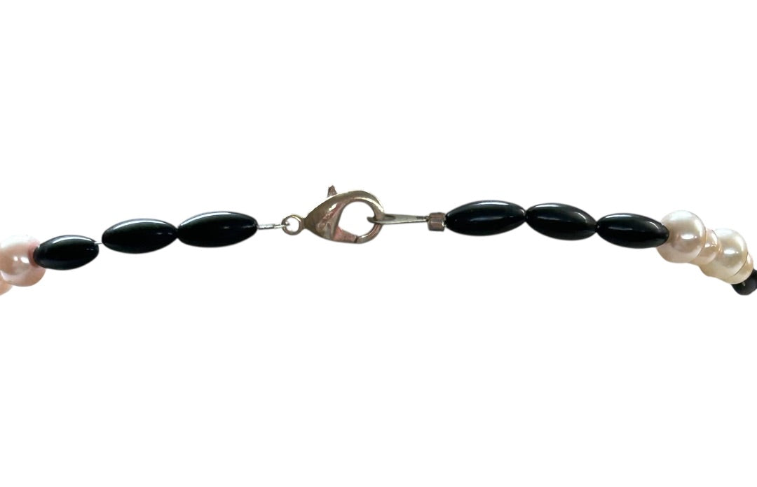 Faux Pink Pearl Black Bead 24 Inch Necklace Spring Clasp Lobster Clasp