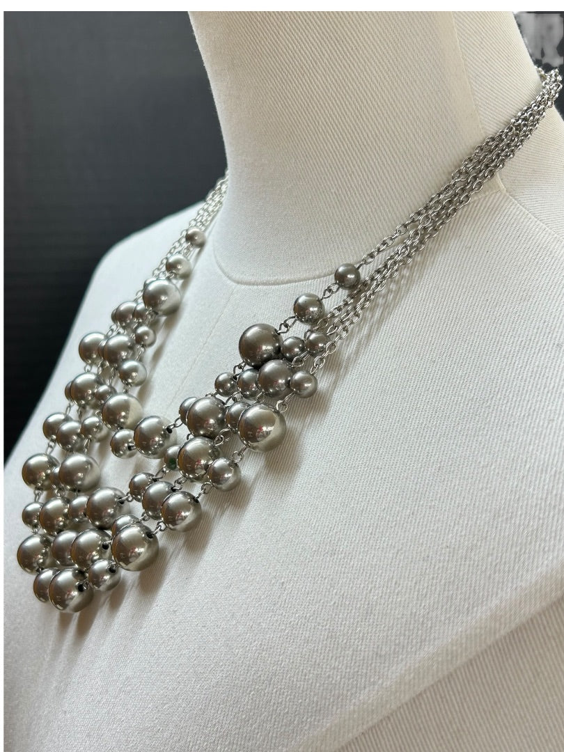 4 Strand Silvertone Beaded Bib Statement Necklace 16 Inch