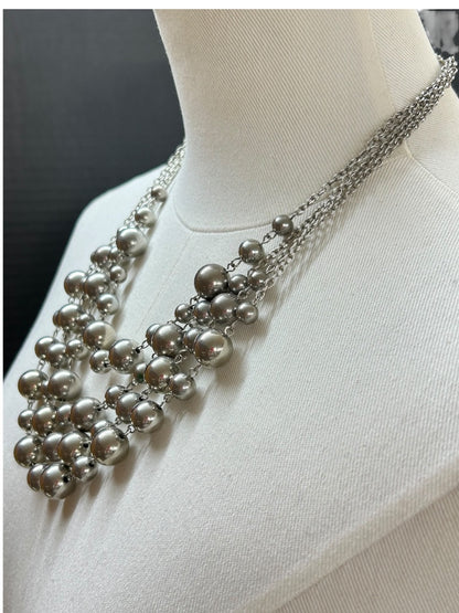4 Strand Silvertone Beaded Bib Statement Necklace 16 Inch