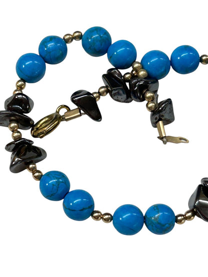 Beaded 7 Inch Spring Clasp Bracelet Turquoise Amethyst Goldtone