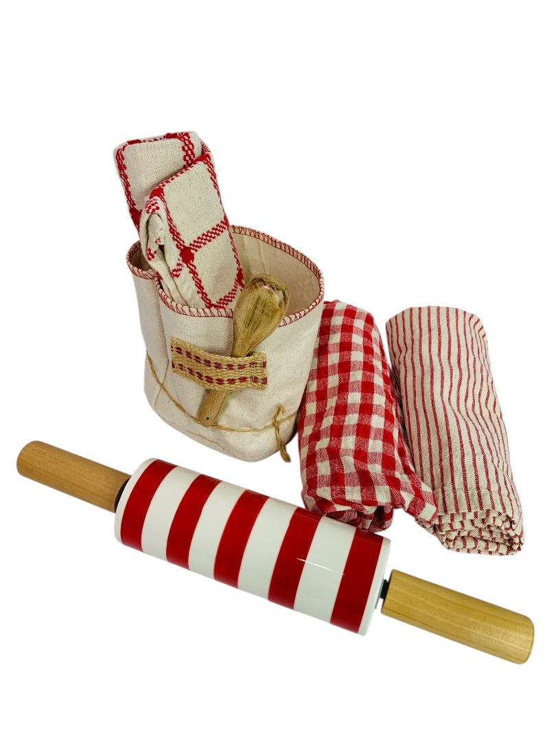 Kitchen Baking Set 3 Towels Spoon Ceramic Rolling Pin New Red
