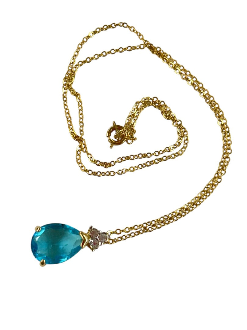 Goldtone 17 Inch Chain with Blue Acrylic Marquis Pendant Spring Closure