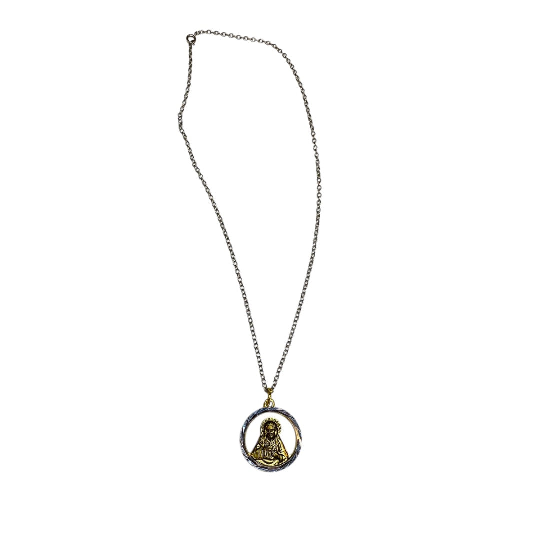 Vintage Jesus Sacred Heart Lightweight Pendant Necklace Goldtone Silvertone