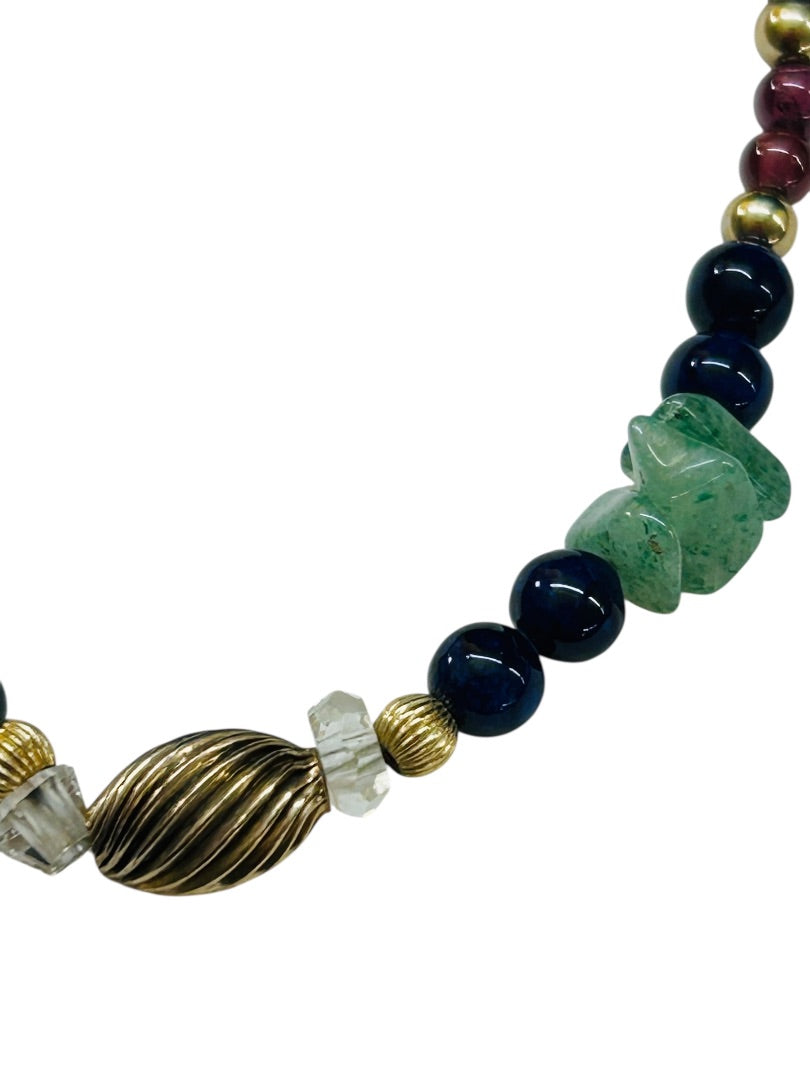 Beaded and Chip Stone 7 Inch Bracelet Green Blue Goldtone Spring Clasp