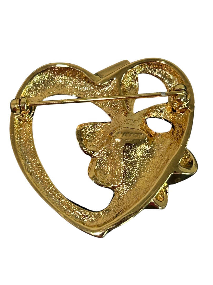 Vintage Goldtone Brooch Pin Heart Shape with Bow Orange Crystal 1.5 Inch