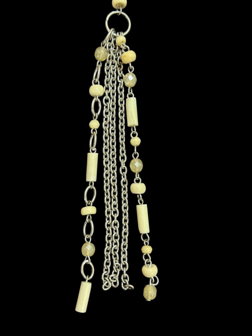 Silvertone Beaded Necklace 34 Inch 5 Inch Drop Cream Beads