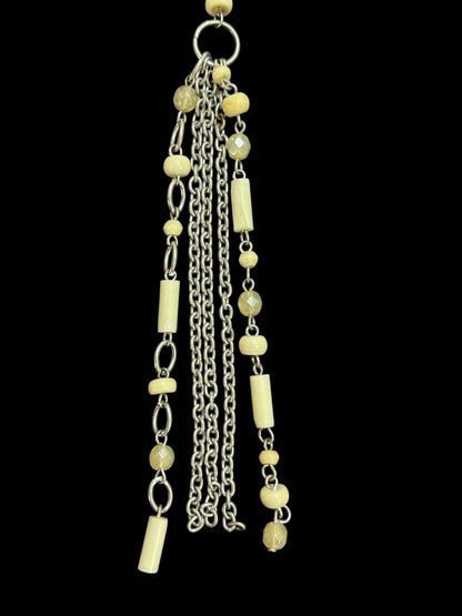 Silvertone Beaded Necklace 34 Inch 5 Inch Drop Cream Beads